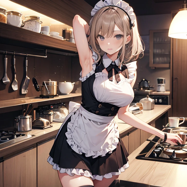A maids, (in kitchen), various hair styles, night, details face, short skirt, seducing, sleeveless, maid uniform, armpits