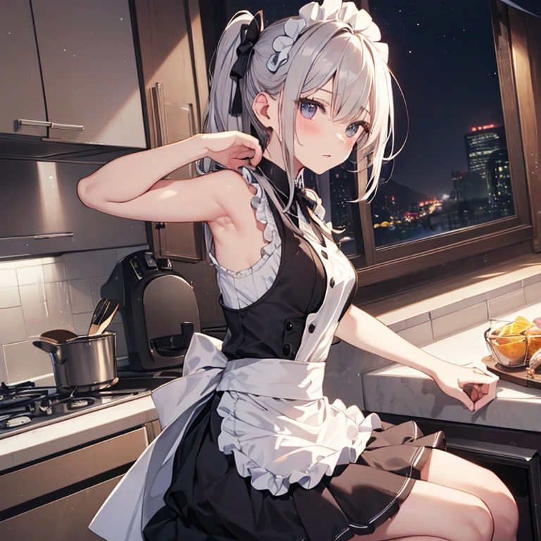 A maids, (in kitchen), various hair styles, night, details face, short skirt, seducing, sleeveless, maid uniform, armpits