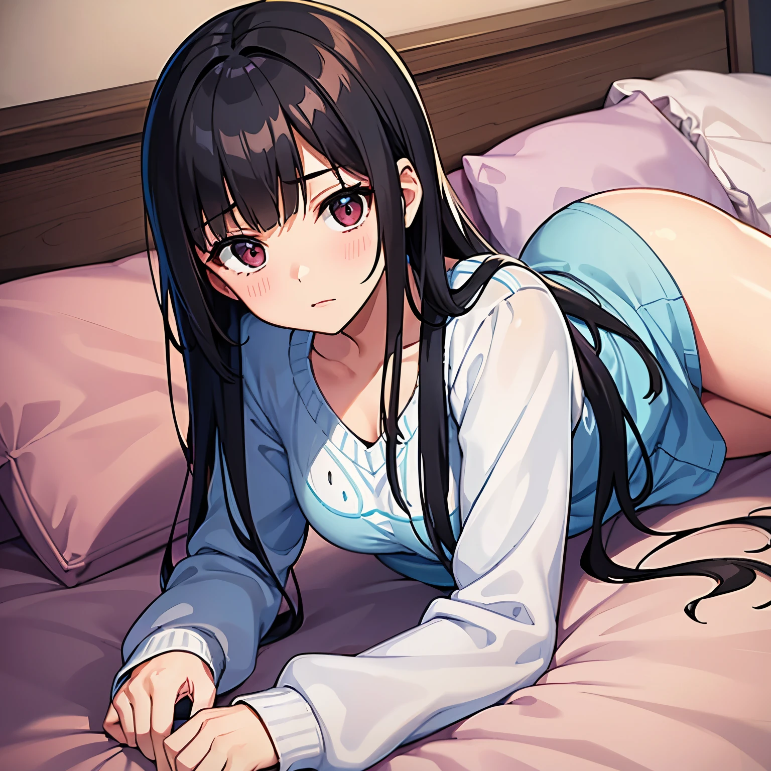 A young woman with dark hair who has dropped out of elementary school, has been a recluse for many years, is unemployed, and is bedridden with depression, and lies in bed all day