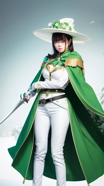 A female knight with a sword in her right hand，He is wearing a floral suit and fitted white pants.，She is wearing a green floral vest, Her belly is slightly exposed and she has gloves on her arms.，She is wearing a green floral cloak, Green belt and white high heels，Wearing a white hat covering one eye