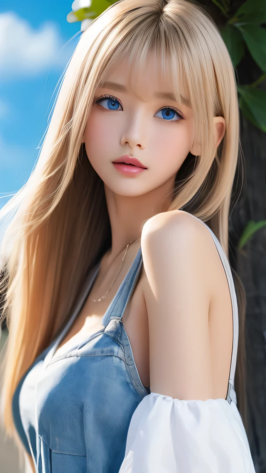 Perfect beautiful face、Beautiful cute girl 20 years old、Sexy and very beautiful cute face、Beautiful cute sexy sky blue eyes、Very super long beautiful shiny silky straight pearl blonde hair、Super long beautiful bangs、White skin、Glossy Skin、Gloss Face、Cheek gloss highlighter、Hair above the eyes、片Hair above the eyes、Hair between the eyes、Bangs on the face、Bangs over both eyes