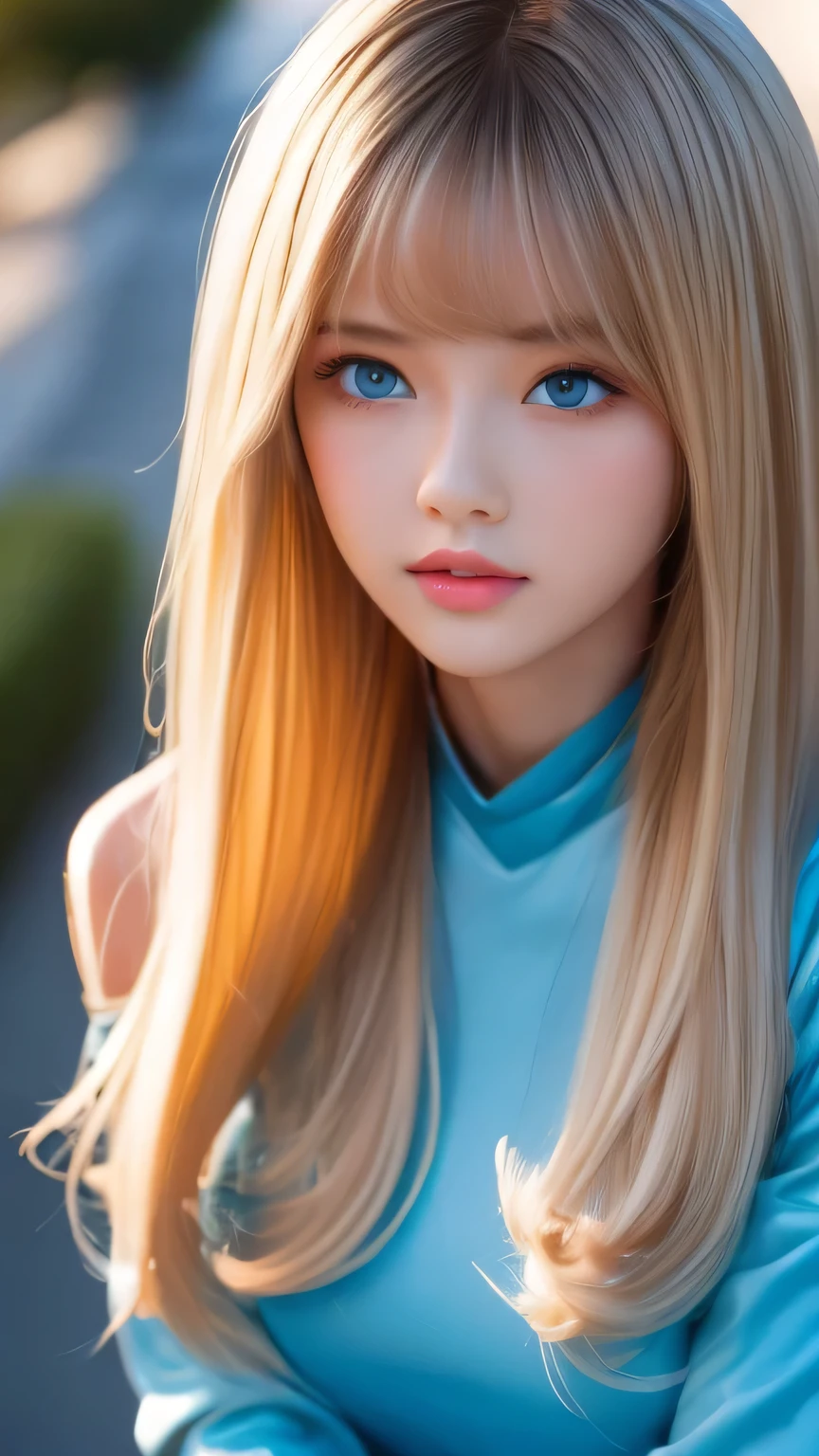 Perfect beautiful face、Beautiful cute girl 20 years old、Sexy and very beautiful cute face、Beautiful cute sexy sky blue eyes、Very super long beautiful shiny silky straight pearl blonde hair、Super long beautiful bangs、White skin、Glossy Skin、Gloss Face、Cheek gloss highlighter、Hair above the eyes、片Hair above the eyes、Hair between the eyes、Bangs on the face、Bangs over both eyes