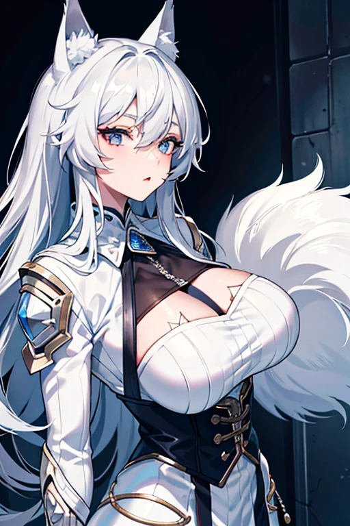 best qualtiy，tmasterpiece，The is very detailed，4K，Gray hair and shallow eyes，Drag cool expressions，Wolf ears，Erect scar on the left eye，British style，1girl，Absolutely beautiful, big bust, white costume