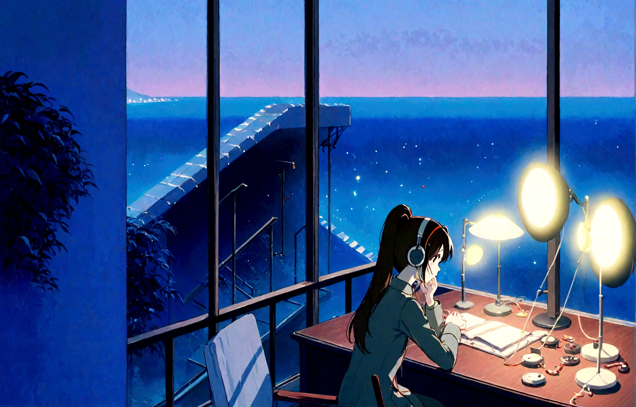 Studying at my desk while listening to lo-fi music,1 girl,I have headphones on,Out of the window, I can see the sea at dusk,Ghibli-style anime,Anime Style