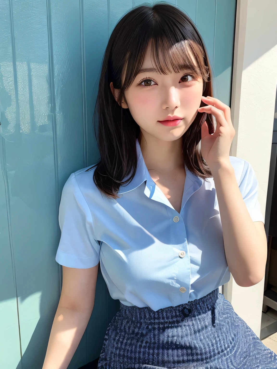 Japanese Girls、、Short Hair、Blonde、bangs、Brown eyes、Perfect figure、Transparency、Gloss、Gloss、Modest chest、、Navy blue ribbon、Light blue shirt、Navy Blue Skirt、Hirotake、Burning Body、Gravure idol pose、Light blue wall、Beautiful legs、Strong sunlight、dirty、Wet body in the rain、Wet