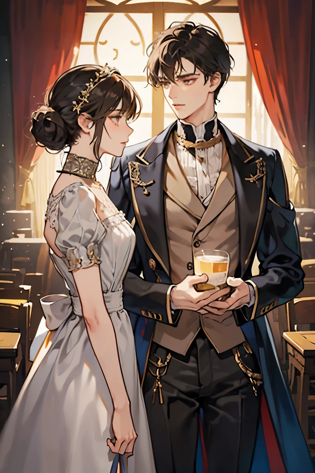 victorian era,Europe in the 18th century,male,22 years old,Bright brown eyes，Dark hair,Handsome,slim,Tall，Simple and elegant aristocratic clothing, Standing in the luxurious banquet hall, Delicate and meticulous, 8K, Reality, Dramatic Lighting, high quality, Complex design, classical portrait,different angle
