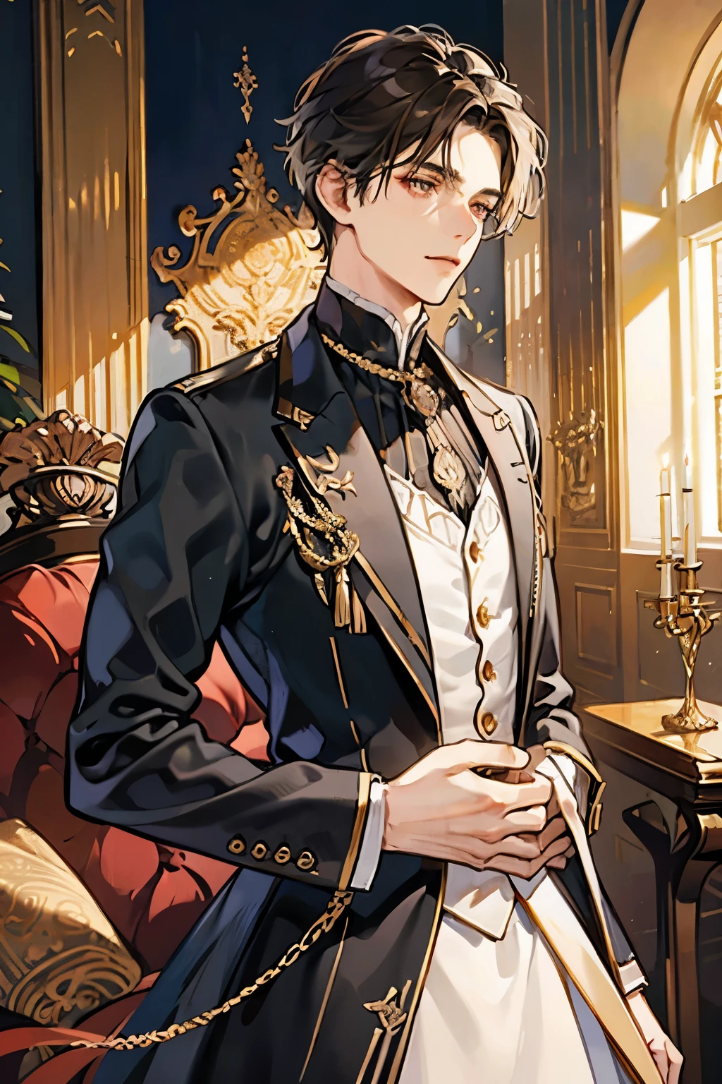 victorian era,Europe in the 18th century,male,22 years old,Bright brown eyes,Dark hair,Handsome,slim,Tall,Simple and elegant aristocratic clothing, Standing in the luxurious banquet hall, Delicate and meticulous, 8K, Reality, Dramatic Lighting, high quality, Complex design, classical portrait,different angle