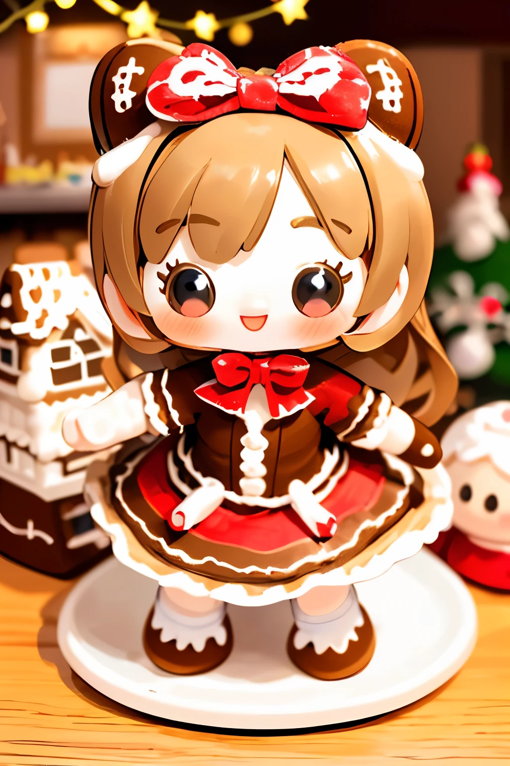 Photorealistic、Chibi Girl Doll(Posing cheerfully in front of a gingerbread house、Dynamic Pose)