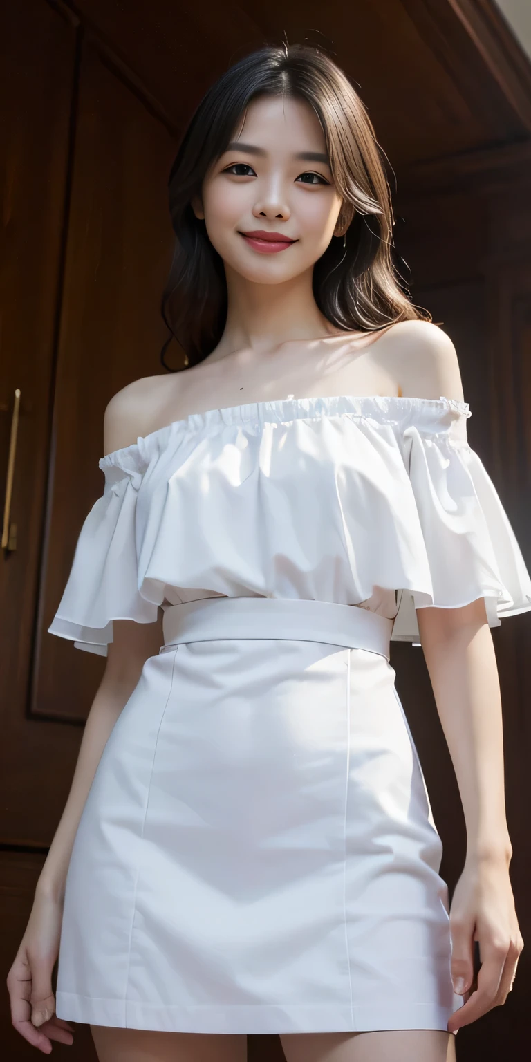 (8k,RAW Photos、RAW Photos、highest quality、Masterpiece:1.2)、１girl、１Middle-aged men、Very detailed、Super Resolution、(Realistic:1.3)、((Shooting from below)),((Cowboy Shot:1.4))、Clear depiction of light and shadow、High-resolution RAW color photos、Living room for professional photography:1.4)))、Drawing faithful to anatomy、Very detailed and beautiful、super high quality、((long hair girl:1.4))、((Girl standing in front of the door:1.4))、((White short-sleeved off-shoulder shirt:1.4))、((White short-sleeved off-the-shoulder chiffon dress:1.4))、((White chiffon micro mini skirt that accentuates thighs:1.4))、Upper Body、((Girl with a pochette on her shoulder:1.4))、((smile:1.4))、
