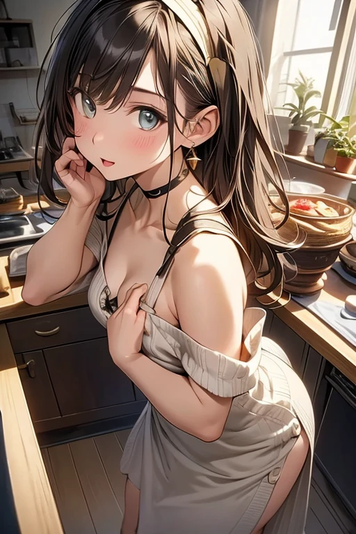 (small breasts:1.3), (perky chest:1.1), (pointed chest:1.0), (fashion magazine cover:1.3),(from below:1.0),(from side:0.9),masterpiece, a 26yo girl, Amazing Cleavage:1.1, thin waist, big ass, Raised sexy, small breast: 1.3, posed cleavage:1.2、solo, looking at viewer, open mouth, have a beautiful beerglass,blonde hair, dark green eyes, dress of bare shoulders, collarbone, sidelocks, hairband, earrings of jewelry, indoors, plant, short hair with long locks, gold hairband, off-shoulder sweater dress, red sweater dress, dark gord hair, very long side hair,is rendered in (masterpiece: 1.2, best quality), with (ultra high resolution) and an exquisite (depth of field),This masterpiece is not only visually stunning but also tells,a scene of be cooking in the kitchen by cooking classroom
