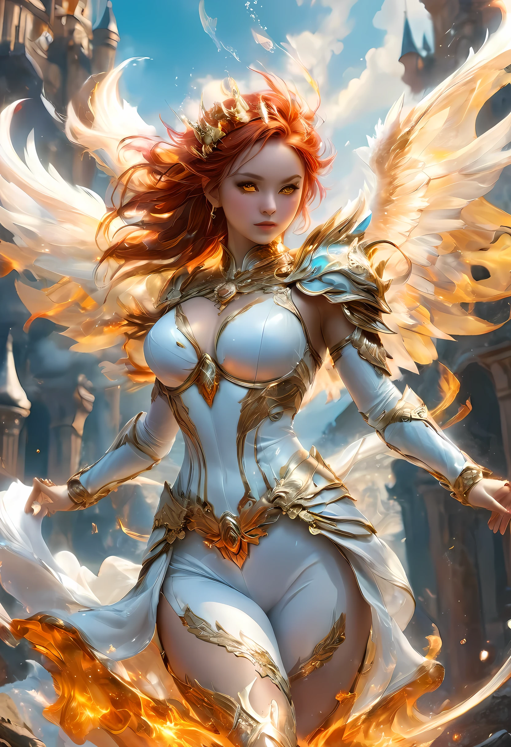 16k, ultra detailed, masterpiece, best quality, (extremely detailed), arafed, dnd art, panoramic view, full body, aasimar, female, (Masterpieceת intense details:1.3), female, sorceress, casting flaming spell(Masterpieceת intense details:1.3) large feathered wings,  (azure: 1.3) angelic wings spread (Masterpieceת intense details:1.3), fantasy magical heaven background (Masterpieceת intense details:1.3), moon, stars, clouds, wearing white armor (Masterpieceת intense details:1.3), high heeled boots (Masterpieceת intense details:1.3), armed with staff, (red hair: 1.4), (green eyes: 1.4), intense eyes, ultra feminine, ultra detailed face, (Masterpieceת intense details:1.5), (anatomically correct: 1.5), determined face, divine light, cinematic lighting, soft light, silhouette, photorealism, panoramic view ((Masterpieceת intense details:1.3) , Wide-Angle, Ultra-Wide Angle, 16k, highres, best quality, faize, 3D rendering, flame spirit