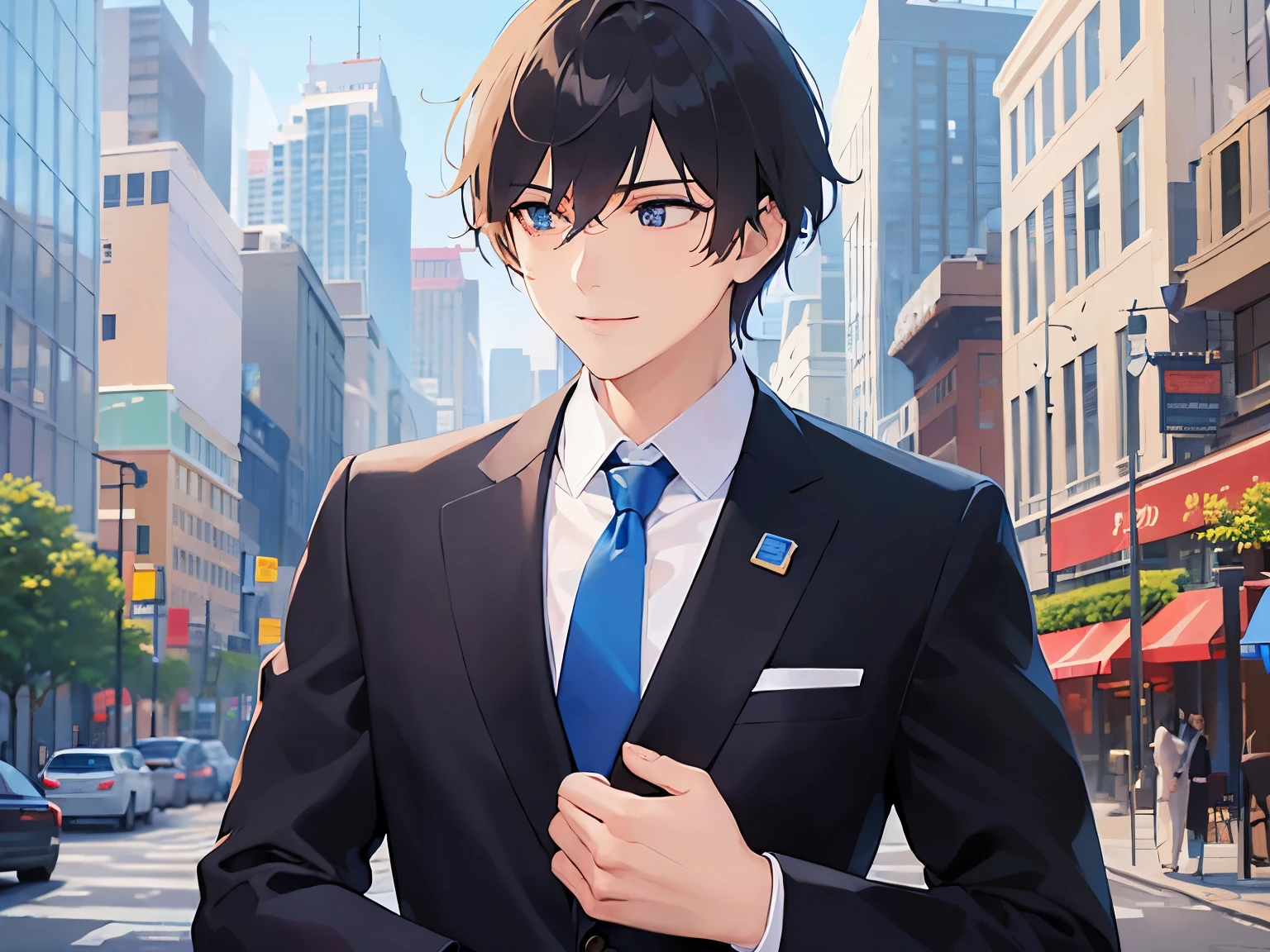 upper body,shiny skin, masterpiece,highest quality,(28-year-old male) and (Black short hair) and (blue eyes), BREAK(Wearing a suit:1.5) and (White collared shirt:1.0) and (Blue tie)BREAK,(light smile:1.2),The background is the city,Alone,side angle,(looking away:1.5)