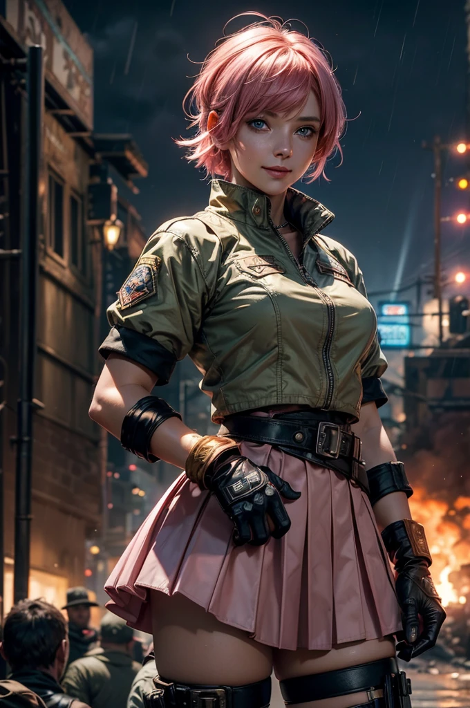 1girl,cowboy shot, beautiful nora_valkyrie, looking at viewer, smile, short hair, blue eyes,heart design on t-shirt, gloves, jacket, pink skirt, pink belt, short sleeves, puffy sleeves, single armband, fingerless gloves, short hair, orange hair, pink gloves, dynamic pose, night, lightning, standing near old steam train, rain, post-apocalypse, dystopian future, crowd, (crowd in military uniforms), bonfires, (volumetric lighting), best quality, masterpiece, intricate details, tonemapping, sharp focus, hyper detailed, trending on Artstation,
