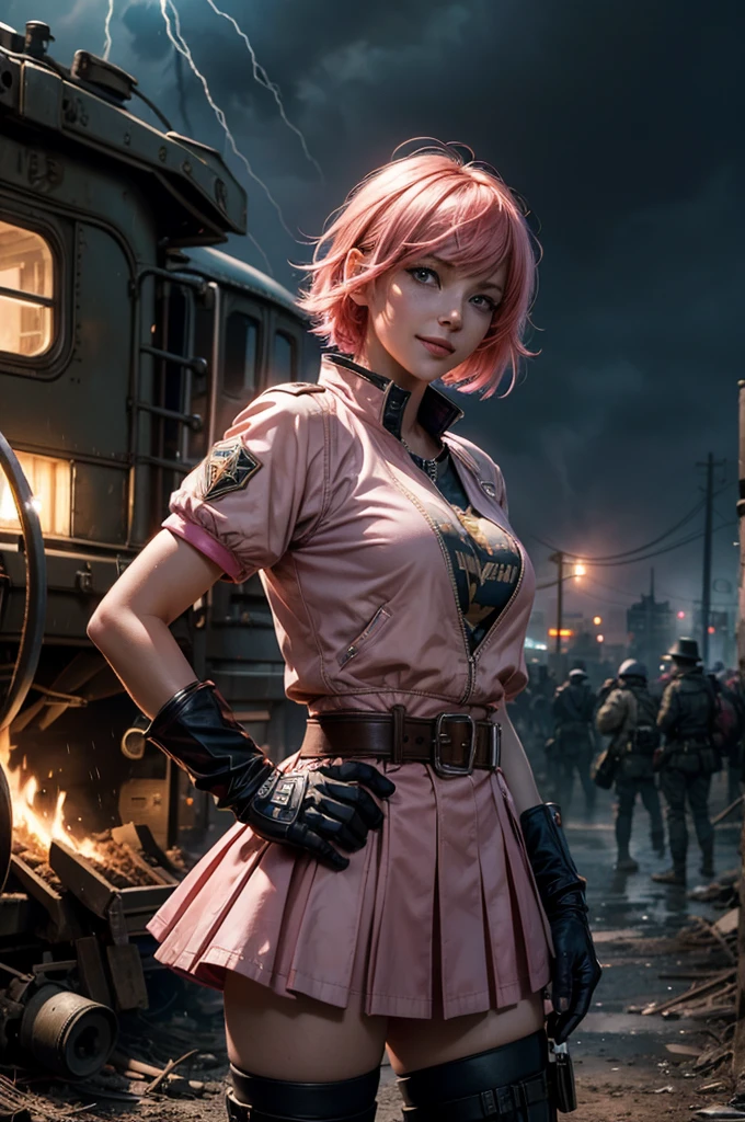 1girl,cowboy shot, beautiful nora_valkyrie, looking at viewer, smile, short hair, blue eyes,heart design on t-shirt, gloves, jacket, pink skirt, pink belt, short sleeves, puffy sleeves, single armband, fingerless gloves, short hair, orange hair, pink gloves, dynamic pose, night, lightning, standing near old steam train, rain, post-apocalypse, dystopian future, crowd, (crowd in military uniforms), bonfires, (volumetric lighting), best quality, masterpiece, intricate details, tonemapping, sharp focus, hyper detailed, trending on Artstation,