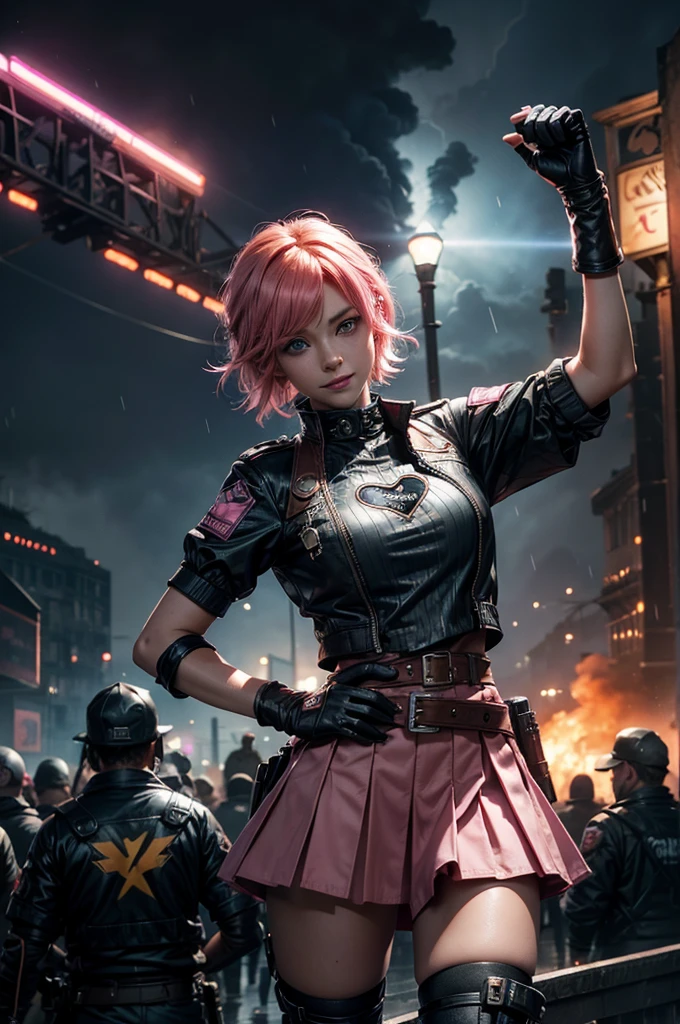 1girl,cowboy shot, beautiful nora_valkyrie, looking at viewer, smile, short hair, blue eyes,heart design on t-shirt, gloves,  jacket, pink skirt, pink belt, short sleeves, puffy sleeves, single armband, fingerless gloves, short hair, orange hair, pink gloves, dynamic pose, night, lightning, standing near old steam train, rain, post-apocalypse, dystopian future, crowd, (crowd in military uniforms), bonfires, (volumetric lighting), best quality, masterpiece, intricate details, tonemapping, sharp focus, hyper detailed, trending on Artstation,