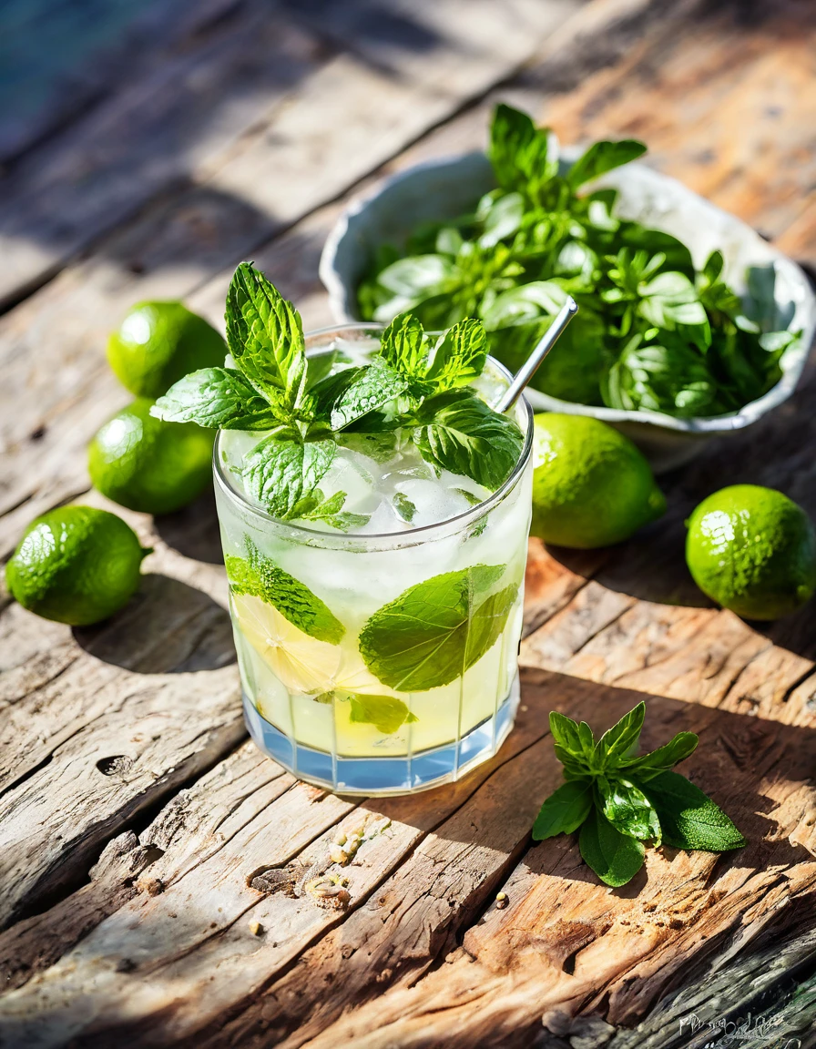 Capture the essence of summer happiness: a refreshing Mojito bathed in sunlight on a rustic wooden table , evoking feelings of joy and contentment.