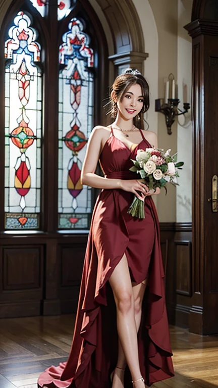  highest quality, Realistic, Very detailed, finely, High resolution, 8k wallpaper, Beautiful woman,, Brown hair short ponytail, (Red Shot－Todres), Perfect dynamic composition, finelyて美しい目, Ample breasts, Realistic , smile,  Model Body Type、Earrings,garnet necklace,tiara,(Holding a bouquet）,Beautiful feet,(Church with beautiful stained glass),Full Body Shot:1.3,Smile and laugh,