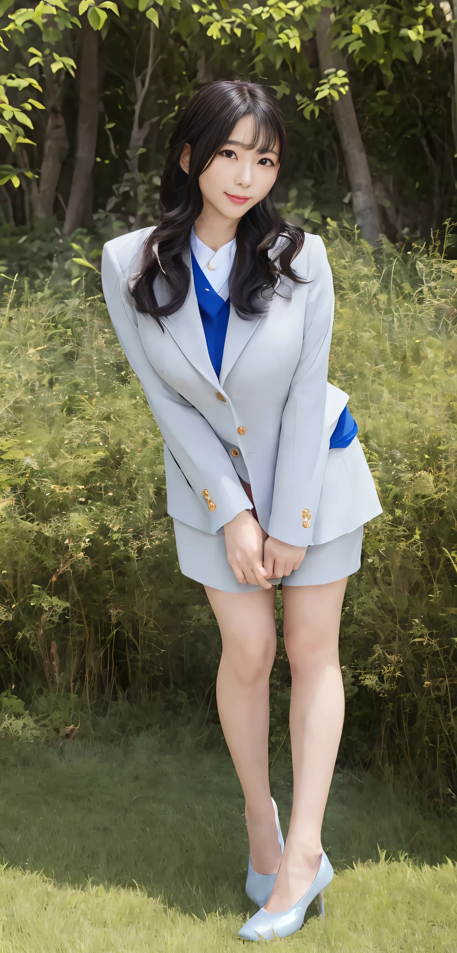 ((high resolution, 最high resolution, 8k, RAW images))Japanese ID, Mature Woman, Wavy black hair with no bangs, Long Hair:1.65, Flashy makeup, Fuller lips, Sexy Gaze, Cute Uniform, looking at the camera, Low angle shooting, Cute duck lips,((Very accurate and correct anatomy)), (masterpiece:1.45), Perfectly balanced body, Realistic photos, Full Shot, whole body, ((height: 148cm)), High heels, loafers, (2 Foot, Two Arms), ((Panty shot)),Big Breasts:1.95, A grassland illuminated by the morning sun just after it rose