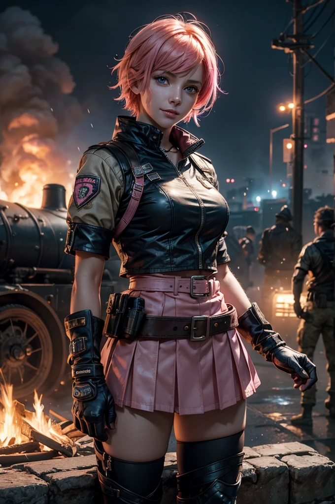 1girl,cowboy shot, beautiful nora_valkyrie, looking at viewer, smile, short hair, blue eyes,heart design on t-shirt, gloves, jacket, pink skirt, pink belt, short sleeves, puffy sleeves, single armband, fingerless gloves, short hair, orange hair, pink gloves, dynamic pose, night, lightning, standing near old steam train, rain, post-apocalypse, dystopian future, crowd, (crowd in military uniforms), bonfires, (volumetric lighting), best quality, masterpiece, intricate details, tonemapping, sharp focus, hyper detailed, trending on Artstation,