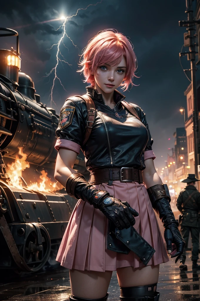  1girl,cowboy shot, beautiful nora_valkyrie, looking at viewer, smile, short hair, blue eyes,heart design on t-shirt, gloves,  jacket, pink skirt, pink belt, short sleeves, puffy sleeves, single armband, fingerless gloves, short hair, orange hair, pink gloves, dynamic pose, night, lightning, standing near old steam train, rain, post-apocalypse, dystopian future, crowd, (crowd in military uniforms), bonfires, (volumetric lighting), best quality, masterpiece, intricate details, tonemapping, sharp focus, hyper detailed, trending on Artstation,