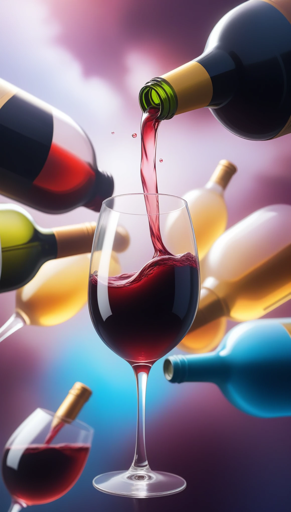 bionics, illustration, Vibrant colors, Silky smooth cloud-like background, 4k,There is wine pouring from the top of the screen,