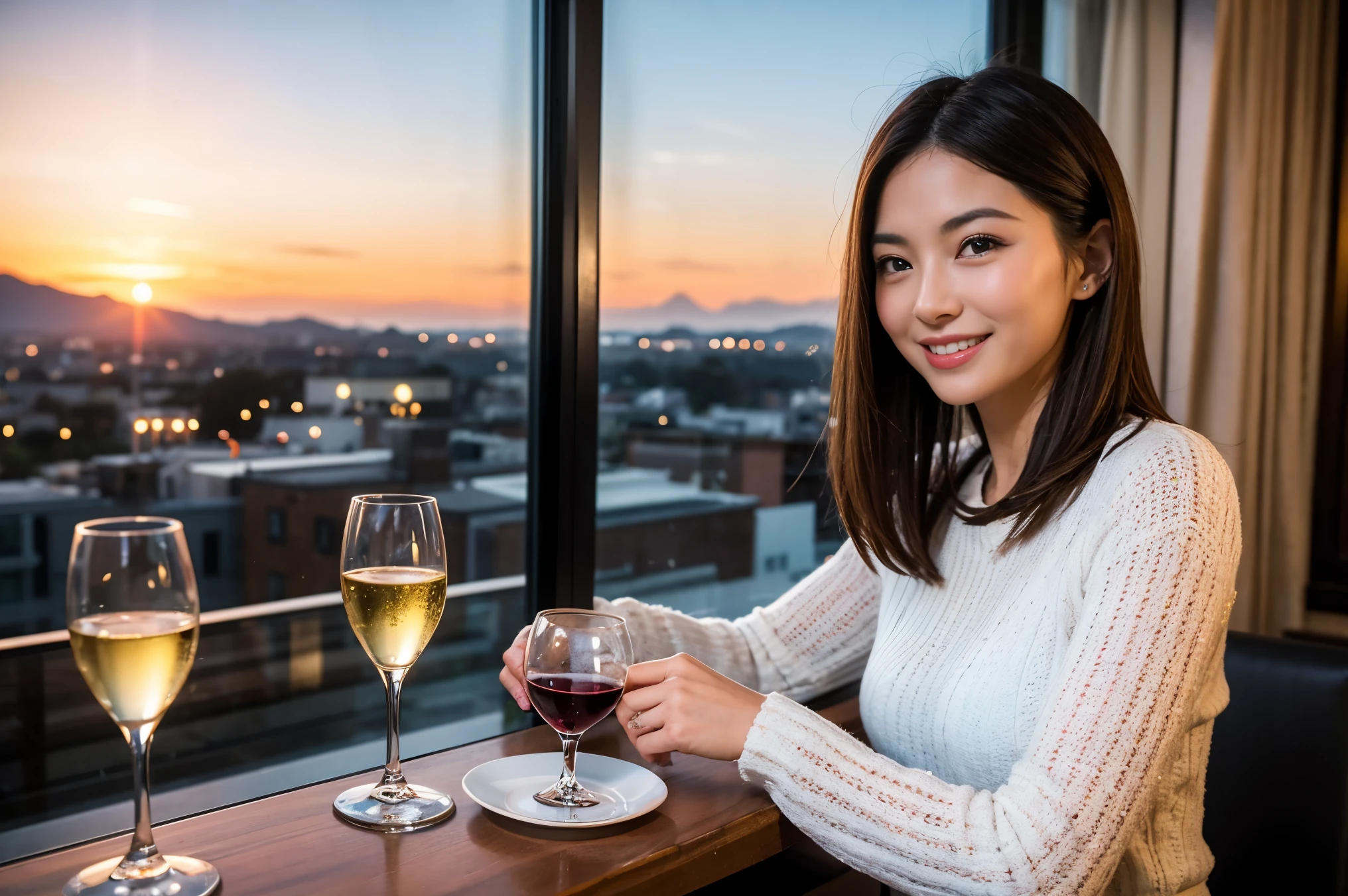 ((highest quality、8k、masterpiece:1.3))、1 male 1 female、Lovers、beautiful couple、Japanese couple、Happy Smile、 (Slim face), (The body is スリム), (Brown Hair), (Shortcuts), ((Bob Hale、Straight hair:1.2)), テーブルの上のwine glass、Please put light on my face、 Amazing view of the sunset sky and clouds、Amazing mountain views、The wonderfulness of smiles、Bright image、Blushing, Shortcuts,Bright Face、 (42 years old), 39 years old, red wine 、Appetizers、Italian food、Wine bottle、Champagne、sparkling wine、Long sleeve shirt、dress、Attractive beauty、restaurant, Nova Frog Style, actress, model, Upper Body, White wine, red wine, wine glass,