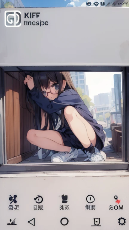 (big round glasses:1.3)、(Timid girl、blush、Watery eye:1.2)、Long black hair、White short sleeve shirt、Navy blue shorts、Gym suit、 body、Flat body
