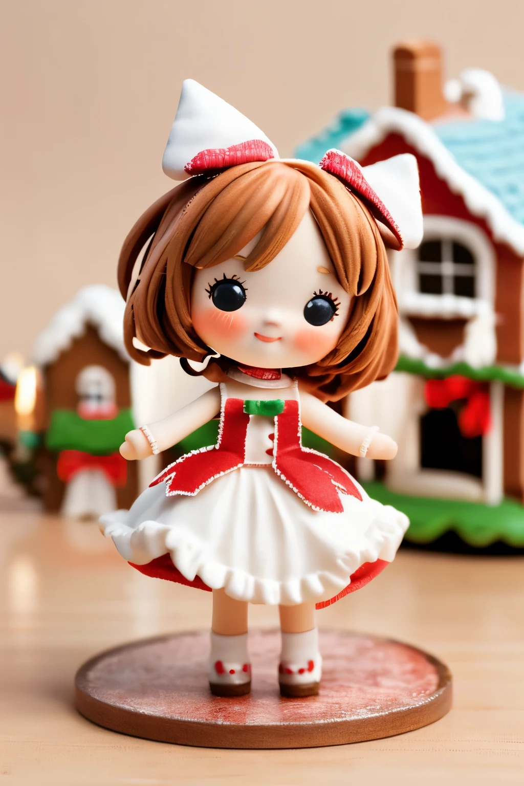 Photorealistic、Chibi Girl Doll(Posing cheerfully in front of a gingerbread house、Dynamic Pose)