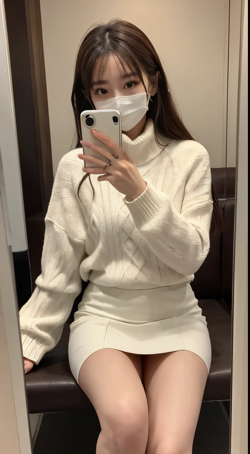 Japanese Beauty、Brown Hair、Selfie、White mask、white knit sweater、turtleneck、Tight mini skirt、Thighs、Crossing your legs、indoor、Selfie、Mirror photo、Reflected in the mirror