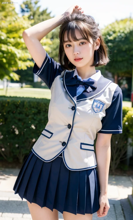 Ulzzang-6500-v1.1, (RAW Photos:1.2), (Realistic:1.4), Beautiful detailed girl, Very detailed eyes and face, Beautiful details, Ridiculous, incredibly Ridiculous, Large file size, Very detailed, High resolution, Very detailed, highest quality, masterpiece, kemomimi, ((Japanese school girl uniform)), shape, Very detailed, CG, Unified, 8k wallpaper, wonderful, Fine details, masterpiece, highest quality, Very detailed CG uniform 8k wallpaper, Light on the face, Cinema Lighting, One Girl, 24-years-old,((Dynamic pose)),Ample breasts、Plump butt、, Are standing、From the shin up、Short sleeve uniform、short hair、Bare Skin、arms up、Bite somewhat