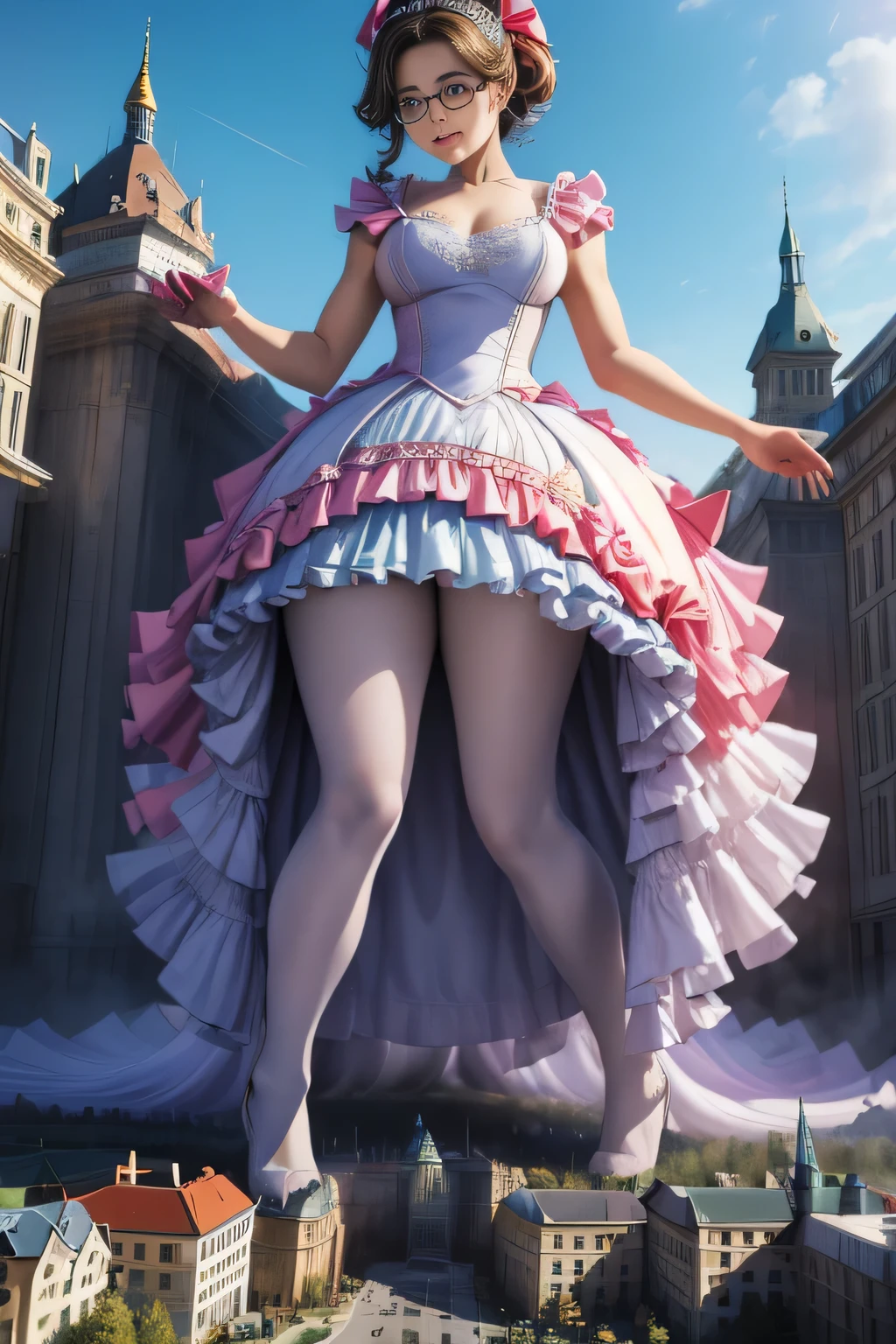 giantess art, highly detailed giantess shots, giantess, Two legs, Five fingers, short hair, super giant princess, A beautiful girl who is bigger than any skyscraper, Wearing rimless glasses, smile, Big Breasts, White gorgeous dress, White Pantyhose, white pantyhose, White stiletto sandals, toes visible through pantyhose, Destroying cities, A very small big city, Miniature metropolis, Full body description, GTS, giga giantess, stomping city, crash city, tiny city, micro city, pantyhose feet, High resolution, highest quality, masterpiece, princess dress,
