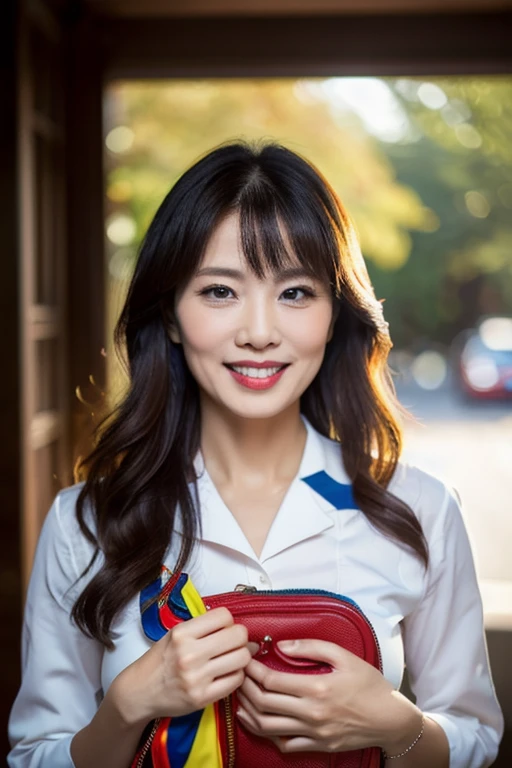 8K, best quality, 1 woman,45 years old (skin dentures), night, (dark), Light background indoors, (People), (full breasts: 1.4), (long hair: 1.3), Wonderful,, ( Clothing and Uniform:1.3),soft lighting,attractive,dark Room,(half-open mouth,wide smile:1.3,beautiful eyes,detailed eyes,detailed iris,pretty lips,beautiful nose,pretty face),(Primary colors:1.5) , with a red bag written "GIG-OS", showing from the waist up, 5k best quality (breastfeeding: 1.3)