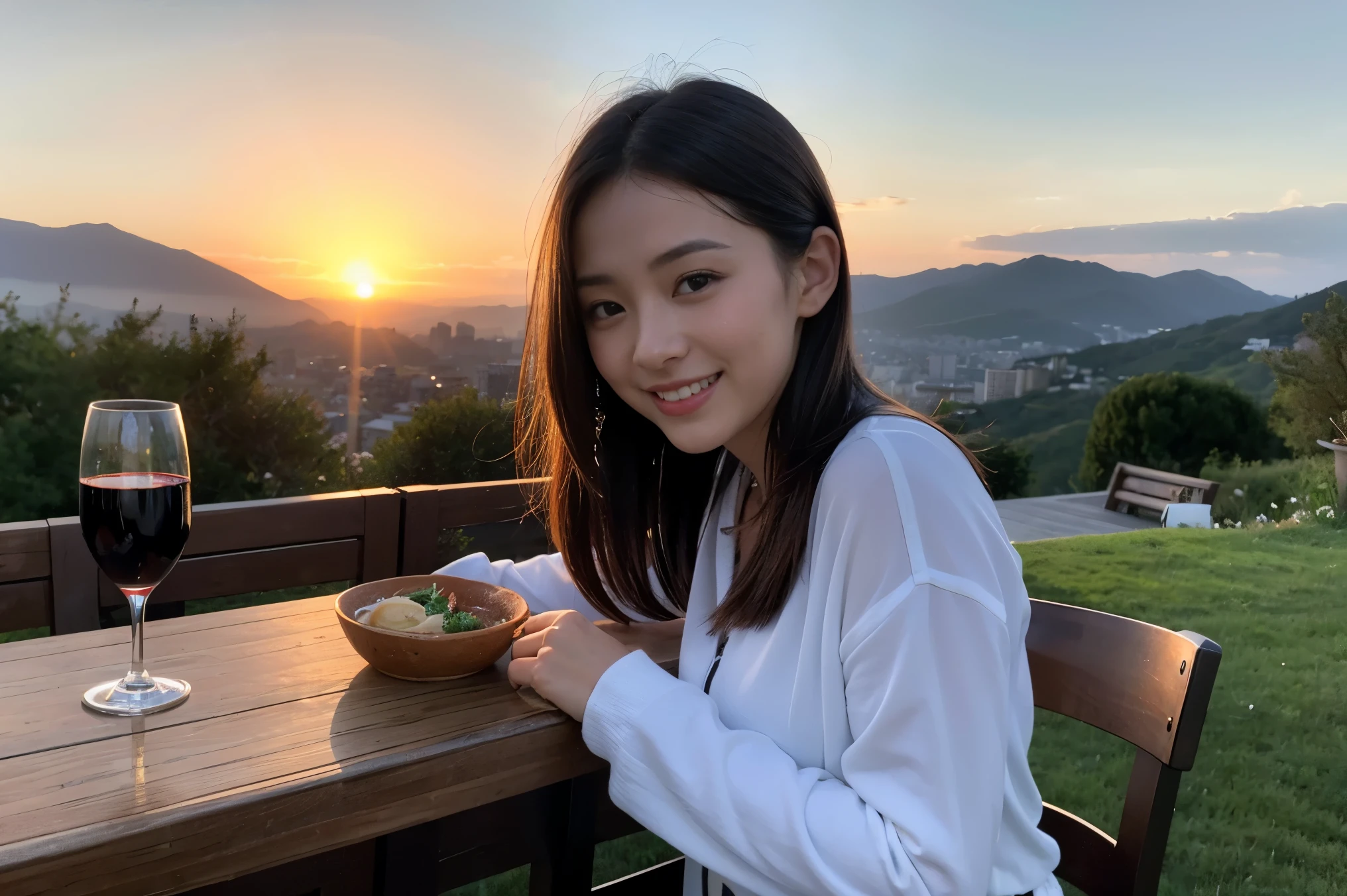 ((highest quality、8k、masterpiece:1.3))、1 male 1 female、Lovers、beautiful couple、Japanese couple、Happy Smile、 (Slim face), (The body is スリム), (Brown Hair), (Shortcuts), ((Bob Hale、Straight hair:1.2)), テーブルの上のwine glass、Please put light on my face、 Amazing view of the sunset sky and clouds、Amazing mountain views、The wonderfulness of smiles、Bright image、Blushing, Shortcuts,Bright Face、 (36 years old), 39 years old, red wine 、Appetizers、Italian food、Wine bottle、Champagne、sparkling wine、Long sleeve shirt、dress、Attractive beauty、restaurant, Nova Frog Style, actress, model, Upper Body, White wine, red wine, wine glass,