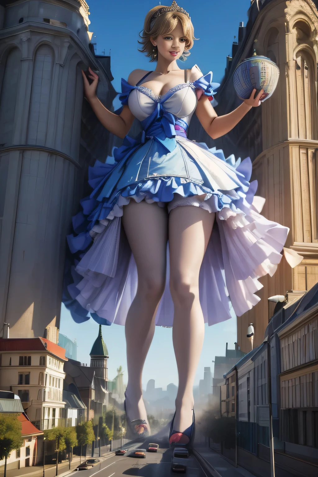 giantess art, highly detailed giantess shots, giantess, Two legs, Five fingers, short hair, super giant princess, A beautiful girl who is bigger than any skyscraper, Wearing rimless glasses, smile, Big Breasts, White gorgeous dress, White Pantyhose, white pantyhose, White stiletto sandals, toes visible through pantyhose, Destroying cities, A very small big city, Miniature metropolis, Full body description, GTS, giga giantess, stomping city, crash city, tiny city, micro city, pantyhose feet, High resolution, highest quality, masterpiece, princess dress,