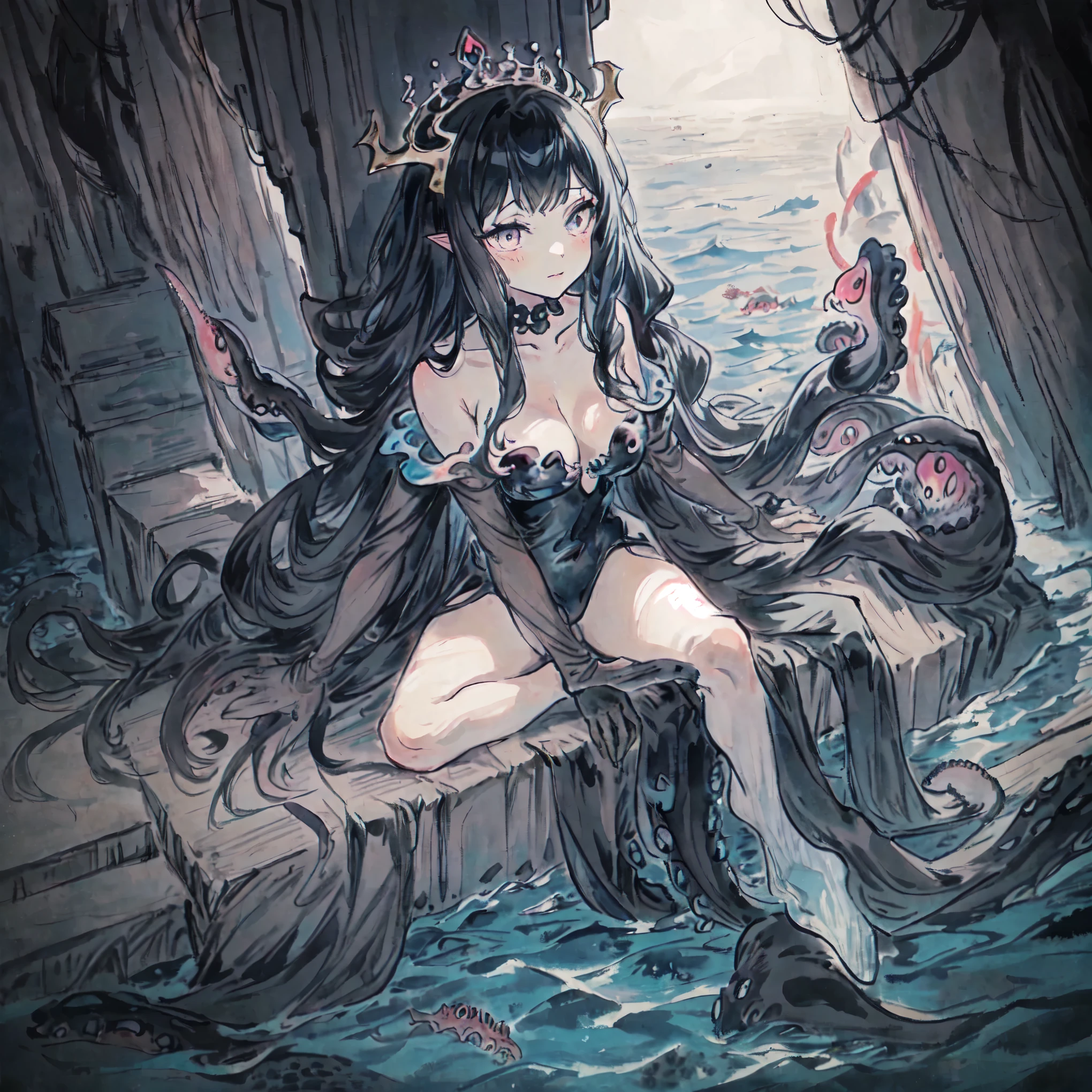 Close-up of woman sitting on a bone throne, Queen of deep sea, octopus queen, Anime Girl, Goddess of the deep sea, deep sea monster, Beautiful Elegant deep sea Queen, Queen of the deep sea, octopus Girl, Queen of Darkness, octopus Goddess, Beautiful girl, hd image, Beautiful sparkling eyes, deep sea eyes, Goddess of Death | medieval