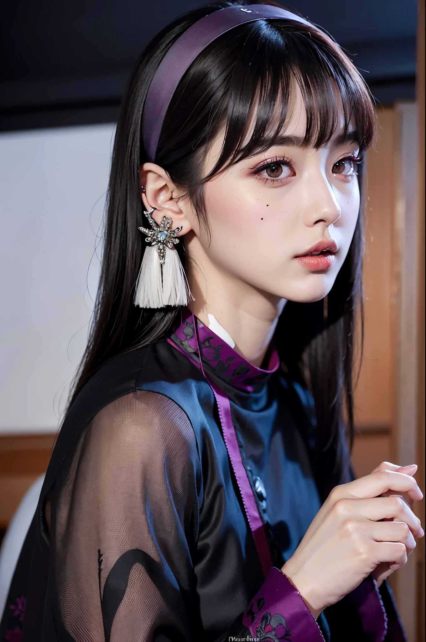 ulzzang-6500-v1.1, (RAW Photos:1.2), (Photorealistic), (Genuine:1.4), (masterpiece), Elegant woman with a perfect figure: 1.3, Jet Black Hair、((Straight bob hair with neatly cut ends、bangs、Red Hairband))、(Wearing a deep purple furisode with an elegant pattern)、fan、Bend down、Crouching Start、Majestic Hall々, (Murderous Intentに満ちた表情:1.2)、 Highly detailed face and skin, Fine Eyes, double eyelid,  ((Full Body Shot:1.12))、Wear short boots、Short light weapons、Murderous Intent、Murderous intent、Sharp Eyes、(Ready for battle),