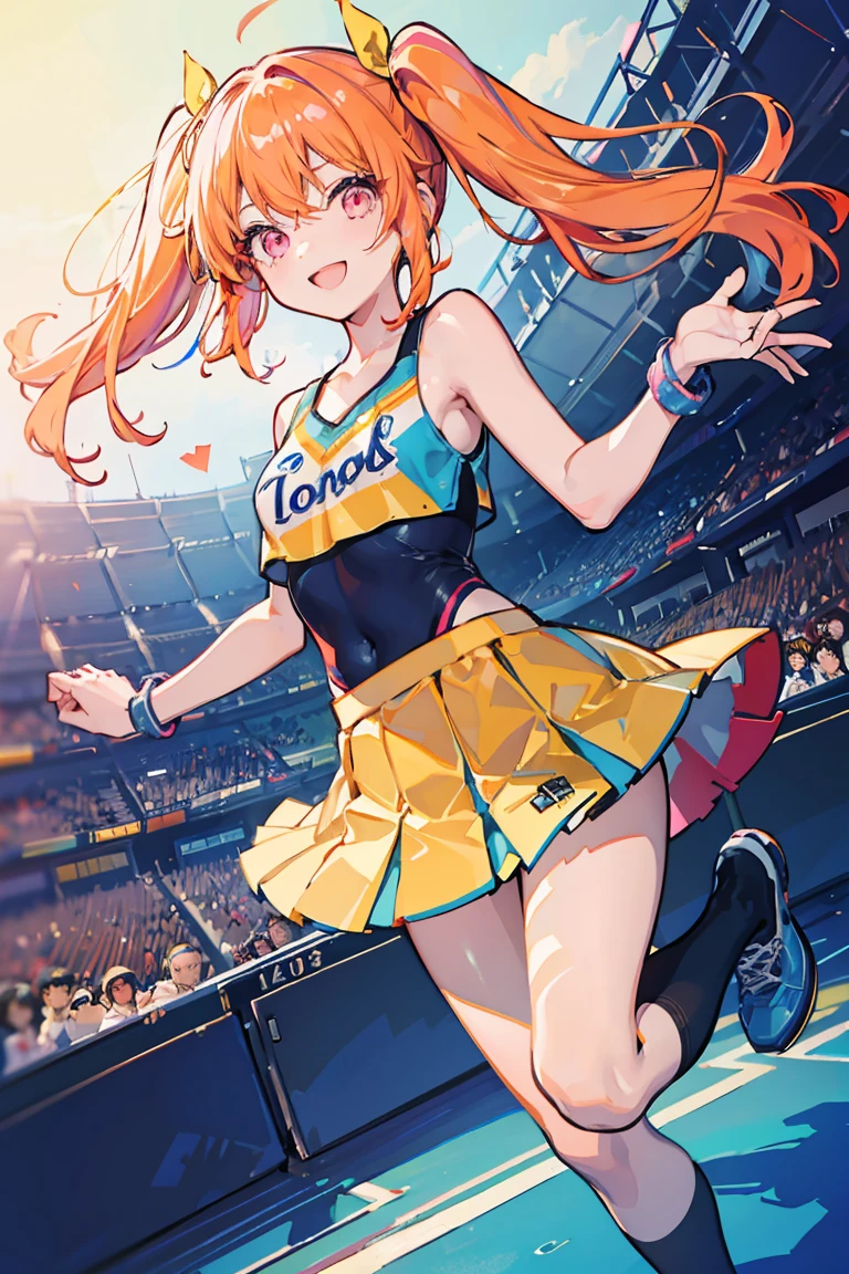 1 girl, Cheerleader, Colorful clothes, support, Stadium, Orange Hair, Long Hair, Twin tails, Bright smile, ribbon, Jump,Pink Eyes, ((Heart Eyes)),stage, Pale background,16 years old, Colorful Hair, Messy Hair, tonality, Romanticism, modern art, Impressionism, reflected light, 8k, masterpiece, Advanced Details, highest quality, Accurate