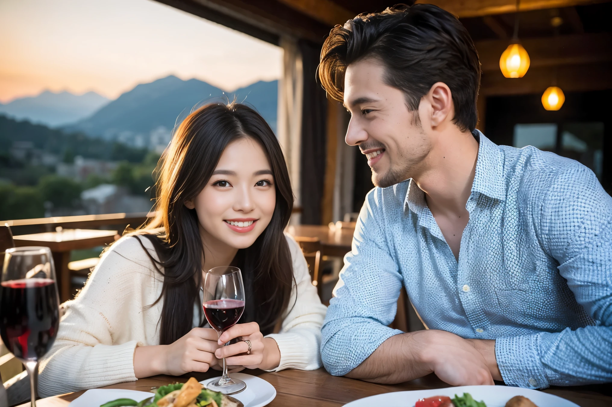 ((highest quality、8k、masterpiece:1.3))、1 male 1 female、Lovers、beautiful couple、Japanese couple、Happy Smile、 (Slim face), (The body is スリム), (Brown Hair), (Shortcuts), ((Bob Hale、Straight hair:1.2)), テーブルの上のwine glass、Please put light on my face、 Amazing view of the sunset sky and clouds、Amazing mountain views、The wonderfulness of smiles、Bright image、Blushing, Shortcuts,Bright Face、 (36 years old), 39 years old, red wine 、Appetizers、Italian food、Wine bottle、Champagne、sparkling wine、Long sleeve shirt、dress、Attractive beauty、restaurant, Nova Frog Style, actress, model, Upper Body, White wine, red wine, wine glass,