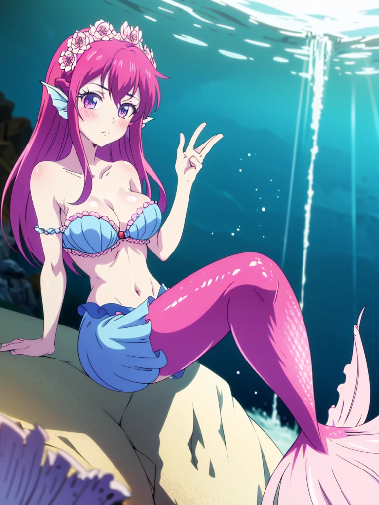 Mermaid, long mermaid tail below waistline, fins ears, red fish scales on skin, underwater, gigantic breasts, bra, skirt, 1girl, solo, long hair, blush, hair ornament, hair between eyes, purple eyes, pink hair, braid, hair flower, cute, looking at viewer,