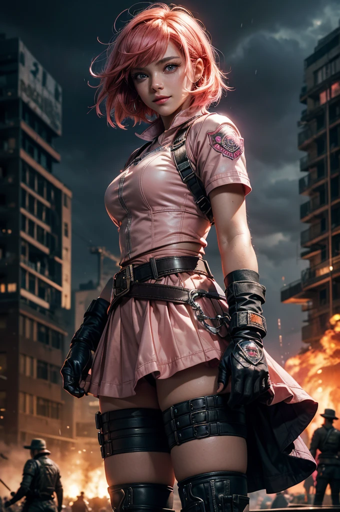 1girl,cowboy shot, beautiful nora_valkyrie, looking at viewer, smile, short hair, blue eyes,heart design on t-shirt, gloves,  jacket, pink skirt, pink belt, short sleeves, puffy sleeves, single armband, fingerless gloves, short hair, orange hair, pink gloves, dynamic pose, night, lightning, standing near old steam train, rain, post-apocalypse, dystopian future, crowd, (crowd in military uniforms), bonfires, (volumetric lighting), best quality, masterpiece, intricate details, tonemapping, sharp focus, hyper detailed, trending on Artstation,