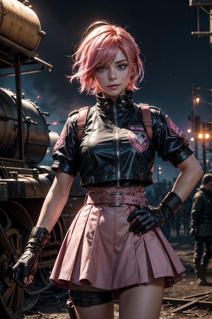  1girl,cowboy shot, beautiful nora_valkyrie, looking at viewer, smile, short hair, blue eyes,heart design on t-shirt, gloves,  jacket, pink skirt, pink belt, short sleeves, puffy sleeves, single armband, fingerless gloves, short hair, orange hair, pink gloves, dynamic pose, night, lightning, standing near old steam train, rain, post-apocalypse, dystopian future, crowd, (crowd in military uniforms), bonfires, (volumetric lighting), best quality, masterpiece, intricate details, tonemapping, sharp focus, hyper detailed, trending on Artstation,