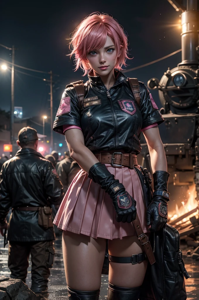  1girl,cowboy shot, beautiful nora_valkyrie, looking at viewer, smile, short hair, blue eyes,heart design on t-shirt, gloves,  jacket, pink skirt, pink belt, short sleeves, puffy sleeves, single armband, fingerless gloves, short hair, orange hair, pink gloves, dynamic pose, night, lightning, standing near old steam train, rain, post-apocalypse, dystopian future, crowd, (crowd in military uniforms), bonfires, (volumetric lighting), best quality, masterpiece, intricate details, tonemapping, sharp focus, hyper detailed, trending on Artstation,