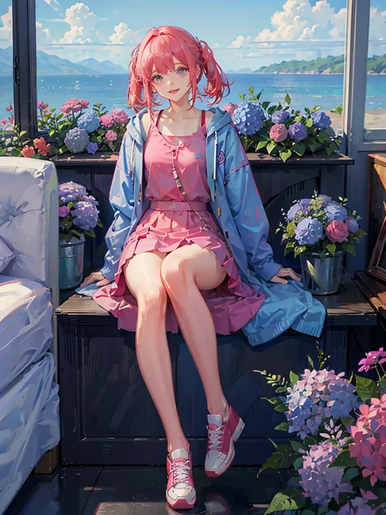 Masterpiece, top quality, blue sky horizon, raining, lots of hydrangeas, one girl, red hair, hair tied up, pink tank top, white hoodie, long white skirt, smile with mouth open, light blue sneakers