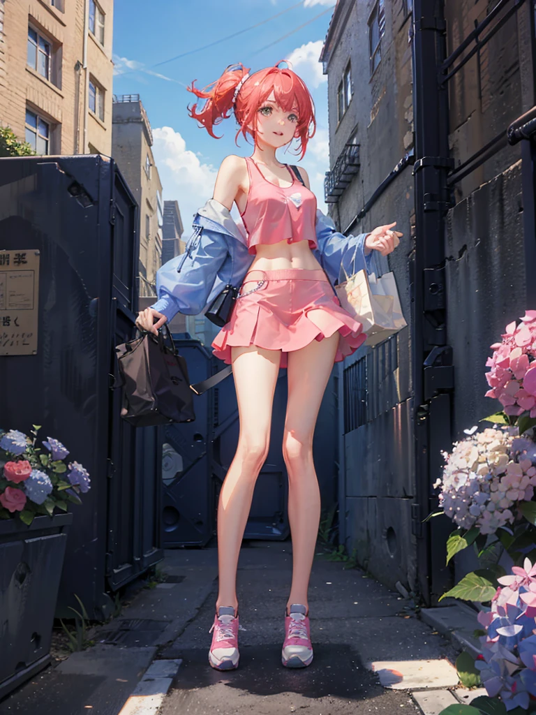 Masterpiece, top quality, blue sky horizon, raining, lots of hydrangeas, one girl, red hair, hair tied up, pink tank top, white hoodie, long white skirt, smile with mouth open, light blue sneakers