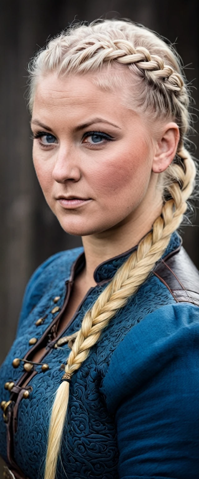 Chubby but muscular scandinavian woman 35 "Ingrid Mueller" years old blonde Hair sidecut and Braid viking-tattoos medieval clothes. Face shot Portrait