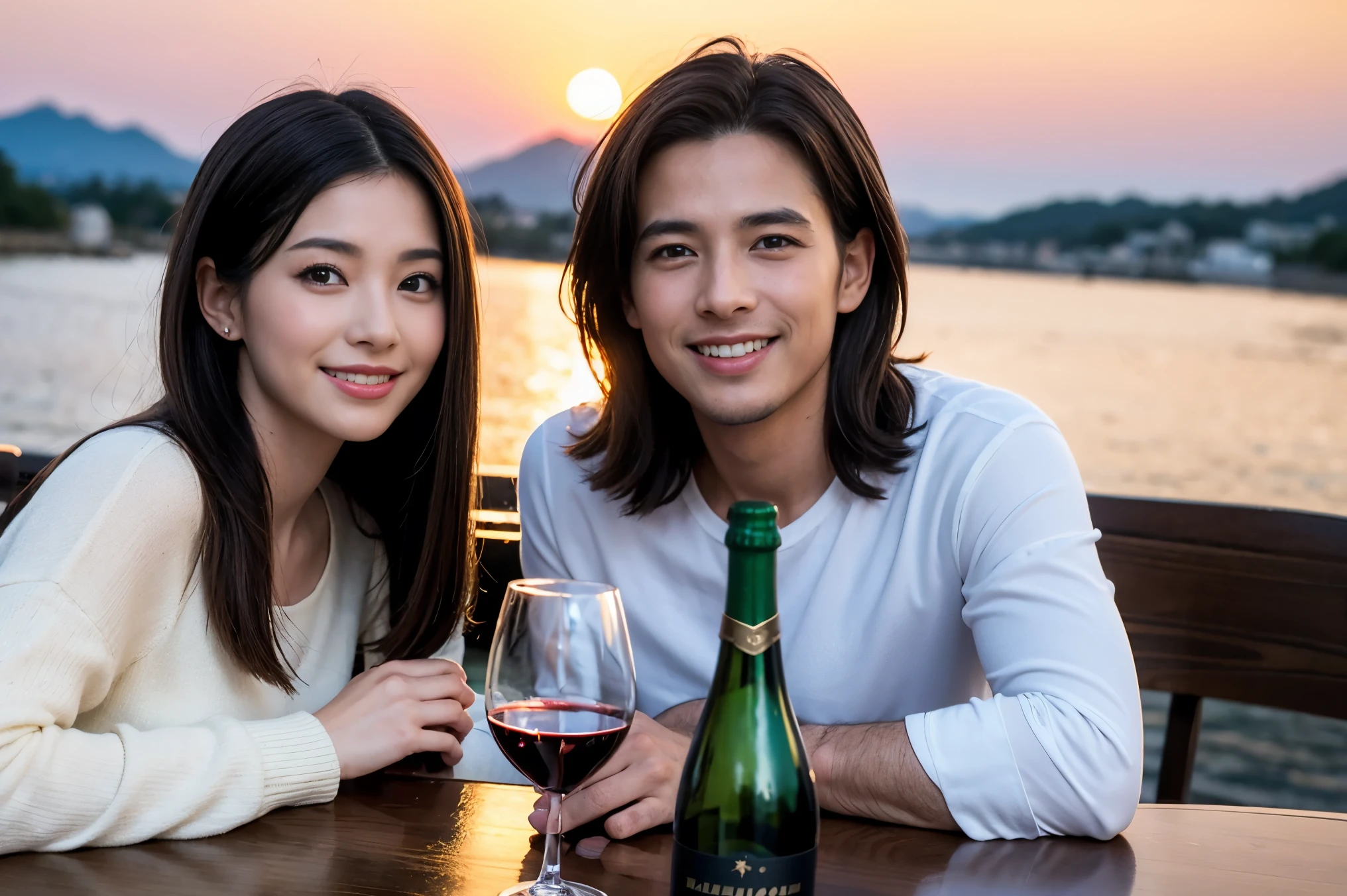 ((highest quality、8k、masterpiece:1.3))、1 male 1 female、Lovers、beautiful couple、Japanese couple、Happy Smile、 (Slim face), (The body is スリム), (Brown Hair), (Shortcuts), ((Bob Hale、Straight hair:1.2)), テーブルの上のwine glass、Please put light on my face、 Amazing view of the sunset sky and clouds、Amazing mountain views、The wonderfulness of smiles、Bright image、Blushing, Shortcuts,Bright Face、 (36 years old), 39 years old, red wine 、Appetizers、Italian food、Wine bottle、Champagne、sparkling wine、Long sleeve shirt、dress、Attractive beauty、restaurant, Nova Frog Style, actress, model, Upper Body, White wine, red wine, wine glass, 