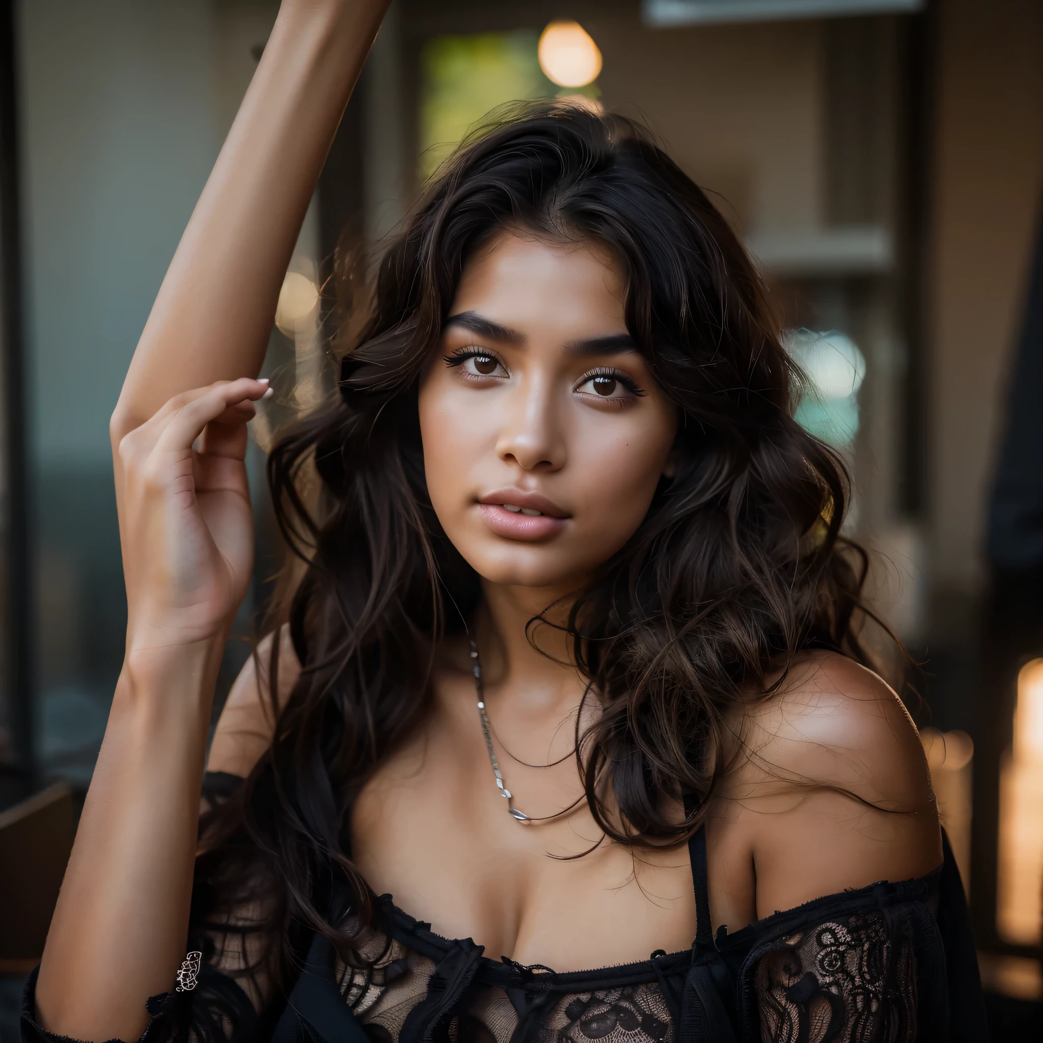 Afro-Asian 18 year old female model, extremely beautiful model, curly dark hair, full dark eyebrows and big full lips, 8k, very realistic, ultra hd, portrait, face looking straight to camera