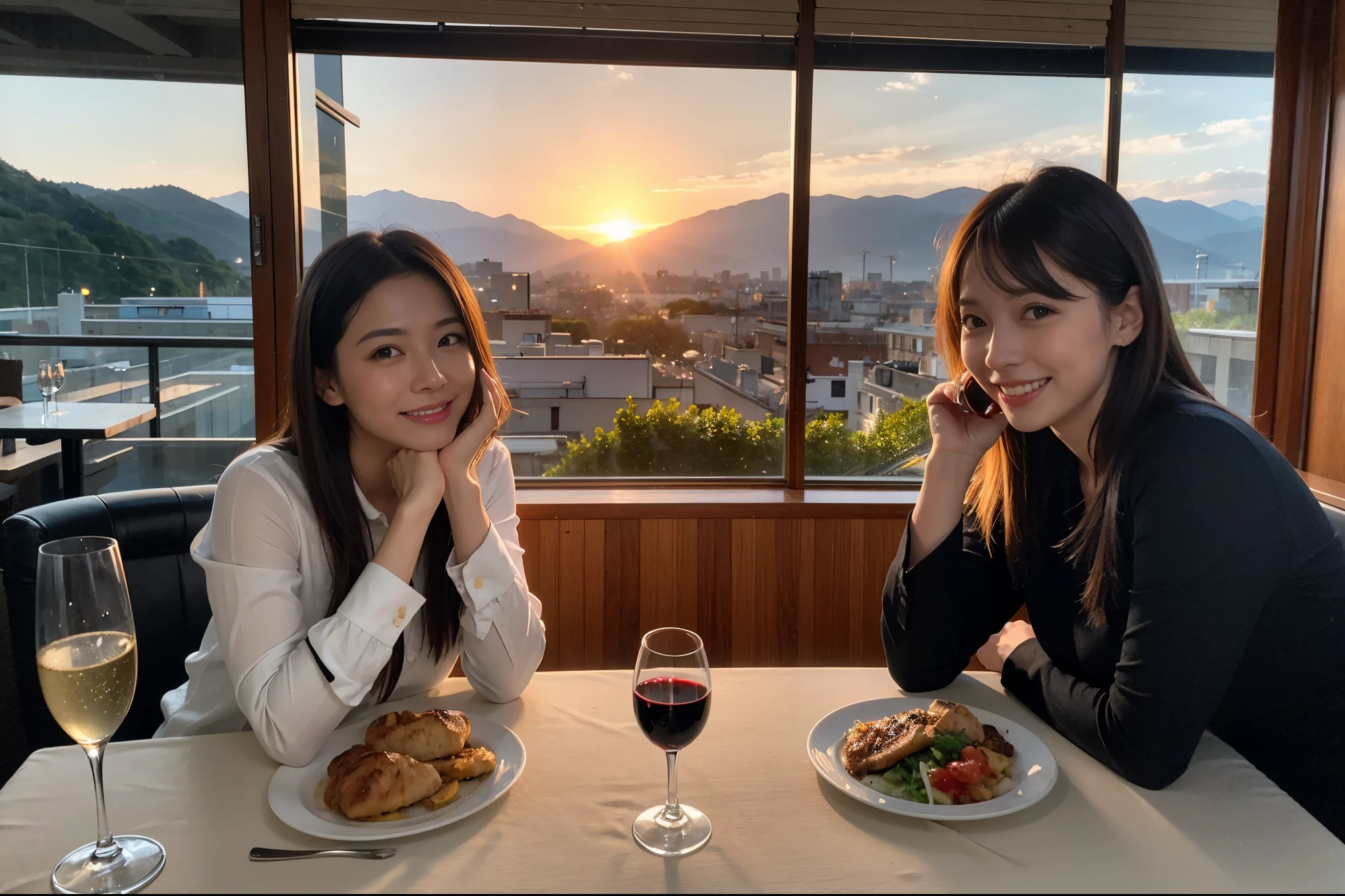 ((highest quality、8k、masterpiece:1.3))、1 male、1 female、lover、Beautiful couple、Japanese couple、Smile、Dinner Course、Appetizers、Italian food、 (Slim face), (the body is スリム), (Brown Hair), (Shortcuts), ((Bob Hale、Straight hair:1.2)), テーブルの上のwine glass、Please shine a light on my face、 Amazing view of the sunset sky and clouds、Amazing mountain views、The beauty of a smile、Bright image、Blushing, Shortcuts,Bright Face、 (36 years old), 39 years old, red wine 、Wine bottle、Champagne、sparkling wine、Long sleeve shirt、dress、Attractive beauty、restaurant, Nova Frog Style, actress, model, Upper Body, White wine, red wine, wine glass,