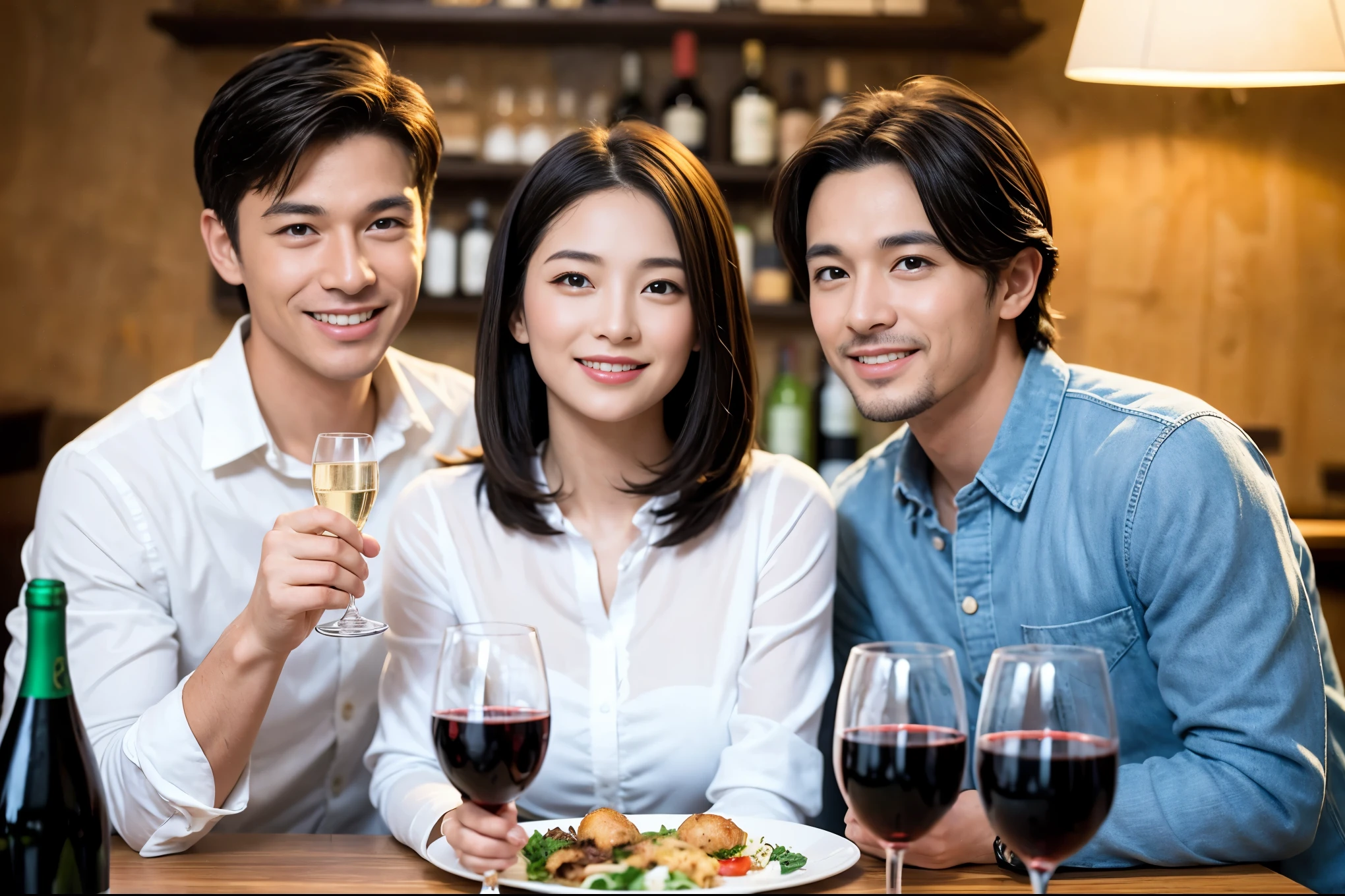 ((highest quality、8k、masterpiece:1.3))、1 male、1 female、lover、Beautiful couple、Japanese couple、Smile、Dinner Course、Appetizers、Italian food、 (Slim face), (the body is スリム), (Brown Hair), (Shortcuts), ((Bob Hale、Straight hair:1.2)), テーブルの上のwine glass、Please shine a light on my face、 Amazing view of the sunset sky and clouds、Amazing mountain views、The beauty of a smile、Bright image、Blushing, Shortcuts,Bright Face、 (36 years old), 39 years old, red wine 、Wine bottle、Champagne、sparkling wine、Long sleeve shirt、dress、Attractive beauty、restaurant, Nova Frog Style, actress, model, Upper Body, White wine, red wine, wine glass,