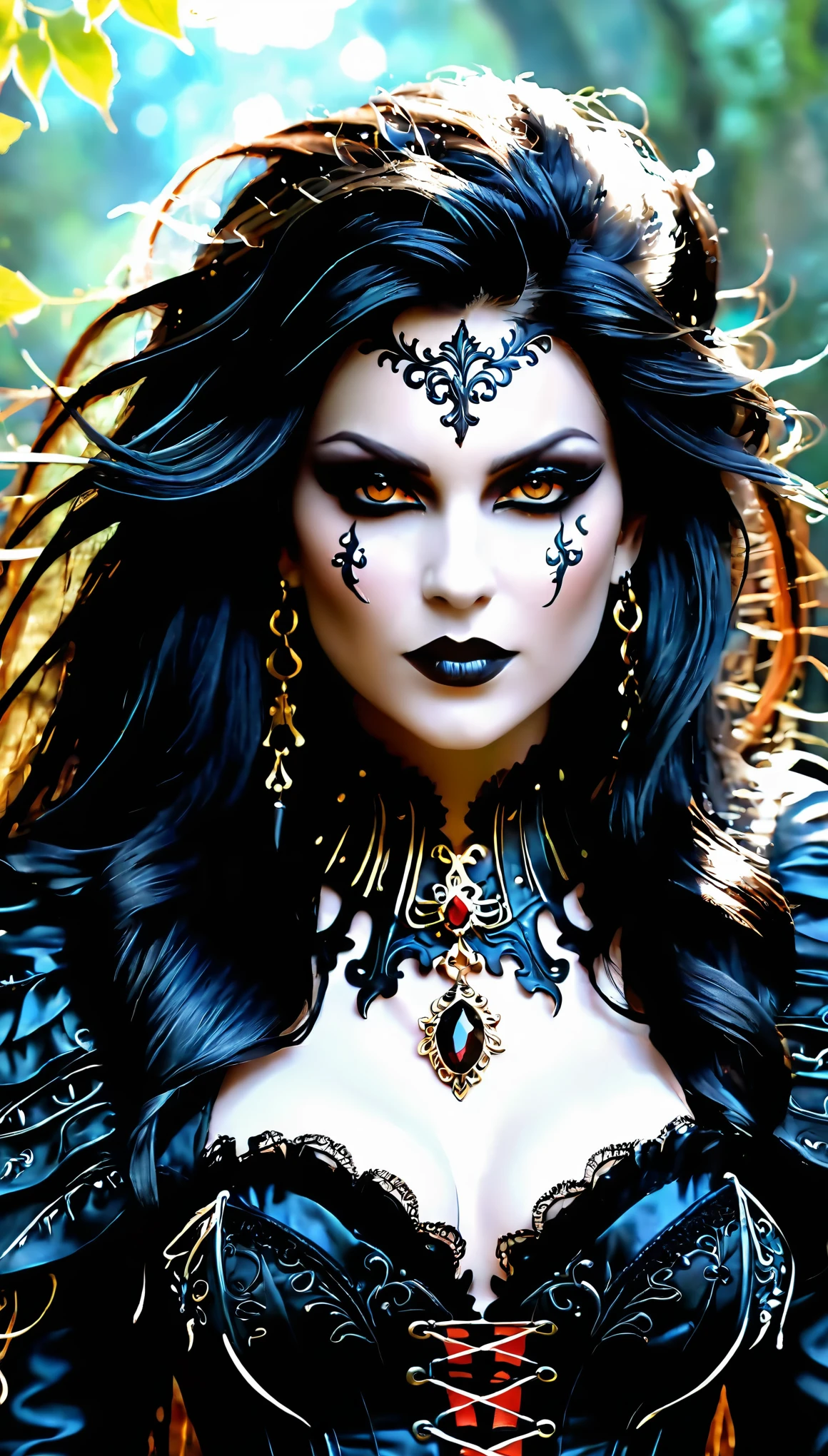 esquisser_feuille, vue de face de Druuna menaçante, Wicked girl, a seductive necromancer with flowing hair and lively eyes, sa tenue se compose d'un corset ajusté à col haut avec des details de lacets complexes, jupe fluide avec symboles mystiques, gants sans doigts, pendant, mysterious aura of dark elegance, ration d'or, Sharpness, dynamique, cinematic, magique, masterpiece in maximum resolution of 16K, Superb quality. | ((plus_detail))